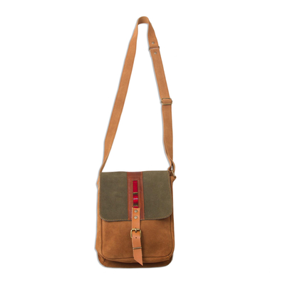 Sepia and Olive Leather-Accented Suede Messenger Bag