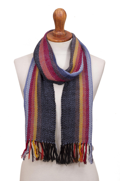 Soft Black with Colorful Stripes Handwoven 100% Alpaca Scarf
