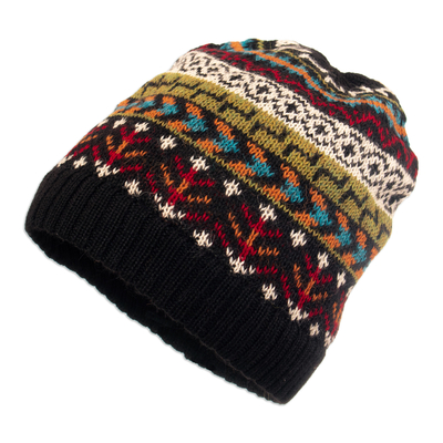 Multi-Color 100% Alpaca Knit Hat with Geometric Motifs