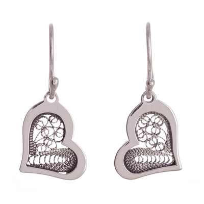 Heart Motif with Filigree Sterling Silver Dangle Earrings