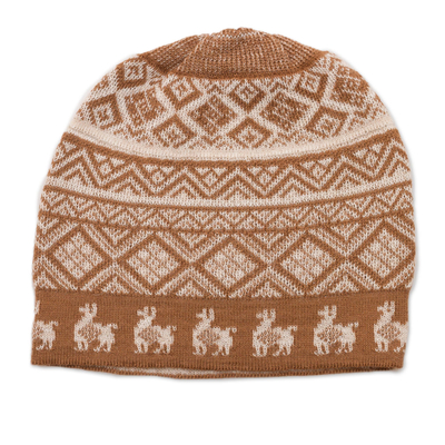 Cinnamon Brown and Ivory Diamond Motif Alpaca Blend Knit Hat