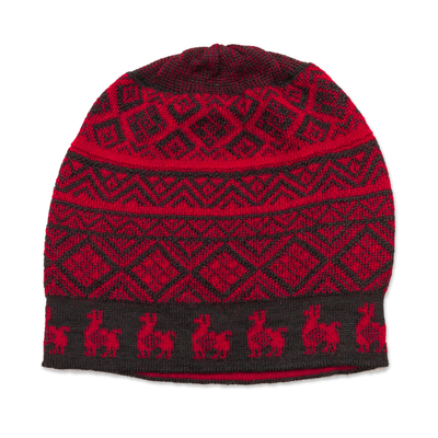 Black and Crimson Red Diamond Motif Alpaca Blend Knit Hat