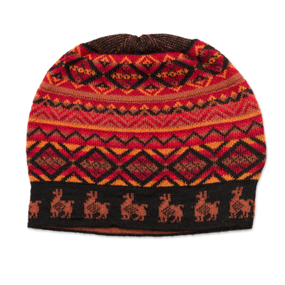 Black Red and Orange Diamond Motif Alpaca Blend Knit Hat