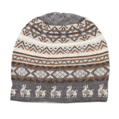 Off-White Brown and Grey Diamond Motif Alpaca Blend Knit Hat