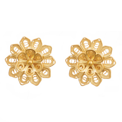 Floral Gold Plated Sterling Silver Filigree Button Earrings