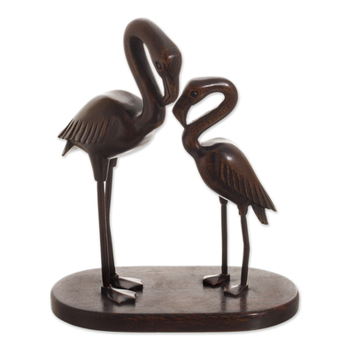 Hand-Carved Mahogany Wood Flamingo Sculpture from Peru