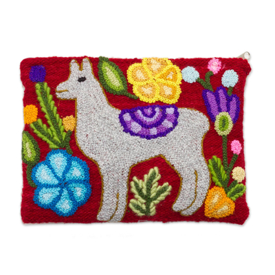 Llama-Themed Embroidered Wool Clutch in Pearl Grey