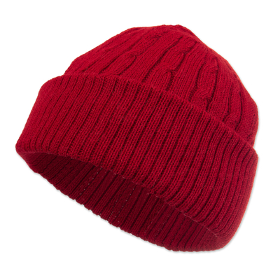 Crimson Red 100% Alpaca Soft Cable Knit Hat from Peru