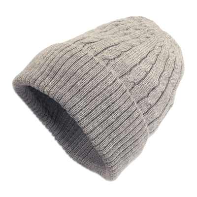 Soft Smoky Grey 100% Alpaca Cable Knit Hat from Peru