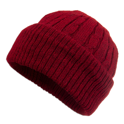 Cranberry Red 100% Alpaca Soft Cable Knit Hat from Peru