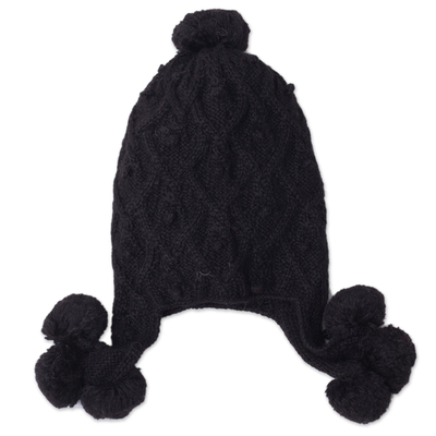 Diamond Pattern 100% Alpaca Knit Hat in Black from Peru