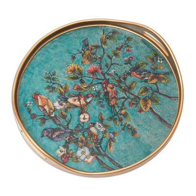 Floral Reverse-Painted Glass Tray in Turquoise from Peru
