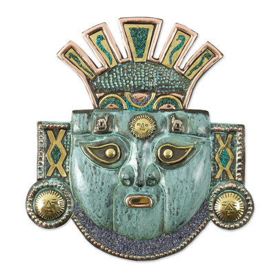 Andean Moche Deity Mask in Copper and Bronze with Gemstones