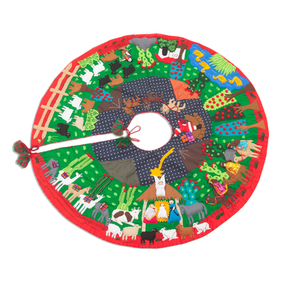Christmas-Themed Cotton Blend Applique Tree Skirt from Peru