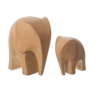 Cedar Wood Elephant Mother and Child Figurines (Pair)