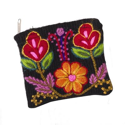 Floral Embroidered Wool Coin Purse in Black from Peru
