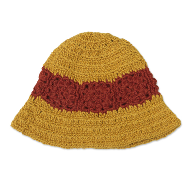 100% Alpaca Yellow and Red Hand Crocheted Flared Brim Hat