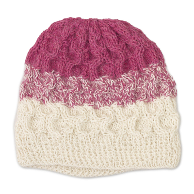 Fuchsia and White 100% Alpaca Hand Crocheted Cable Hat