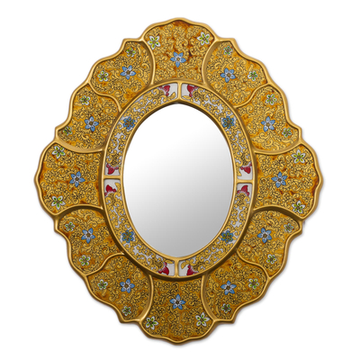 Gold-Tone Floral Reverse-Painted Glass Wall Mirror