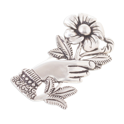 Peruvian Silver Brooch of a Hand Clutching a Flower