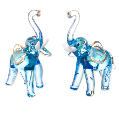 Gilded Blown Glass Elephant Figurines in Light Blue (Pair)