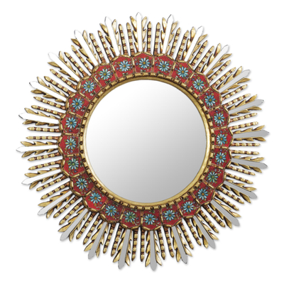 Floral Reverse-Painted Glass Wood Wall Mirror with Bronze