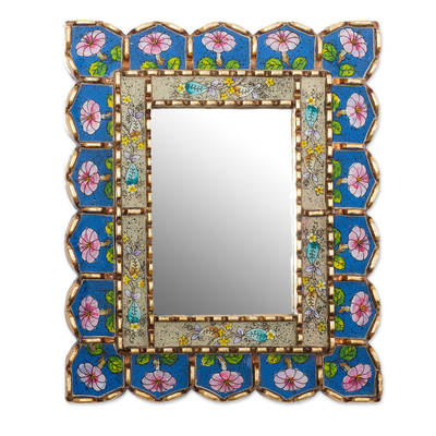 Floral Motif Reverse-Painted Glass Wall Mirror