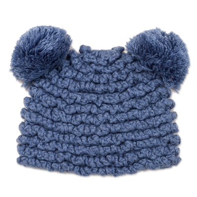 Hand-Crocheted Alpaca Blend Hat with Pompoms in Steel Blue