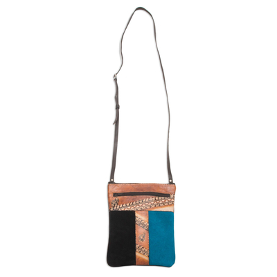 Brown and Teal Llama Pattern Leather Accented Suede Sling