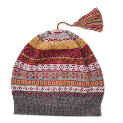 Burnt Sienna and Pink and Grey 100% Alpaca Knit Hat