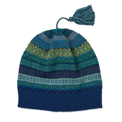 Shades of Blue and Green 100% Alpaca Knit Hat with Tassel