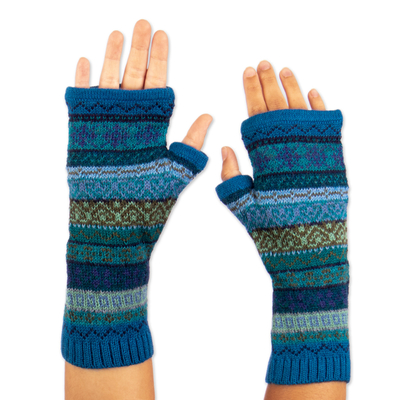 Shades of Blue and Green 100% Alpaca Knit Fingerless Mitts