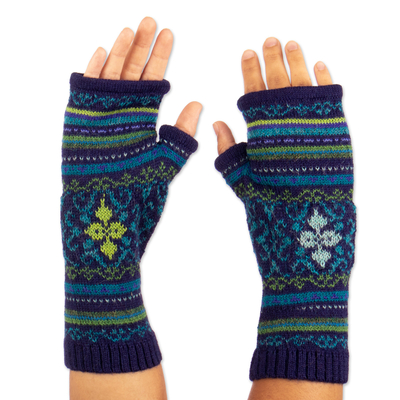 Blue and Green 100% Alpaca Fingerless Mitts from Peru