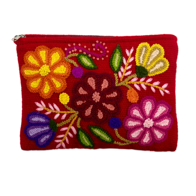 Hand Embroidered Wine Red Wool Cosmetic Bag