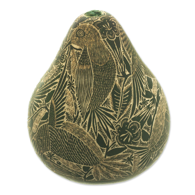 Peruvian Engraved Dried Gourd Green Hummingbird Figurine