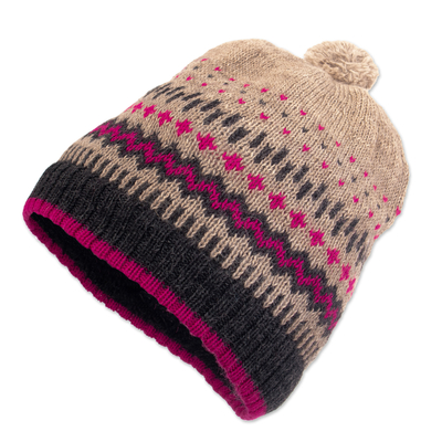 Knit 100% Alpaca Hat with Pompom from Peru