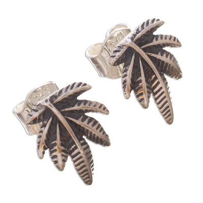 Andean Leaf Nature Theme Sterling Silver Button Earrings