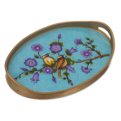 Bird and Flower Motif Reverse-Painted Glass Tray