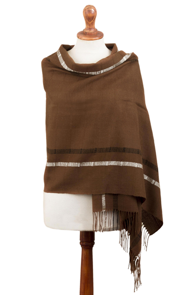 Sepia Brown Handwoven Baby Alpaca Shawl with Black and White