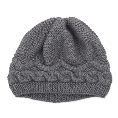 Hand-Knit Grey Alpaca Blend Cozy Winter Hat