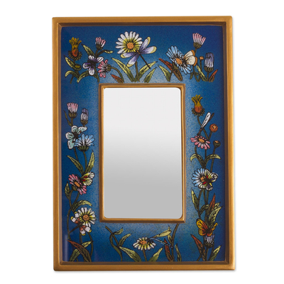 Hand Painted Small Glass and Wood Floral Mirror