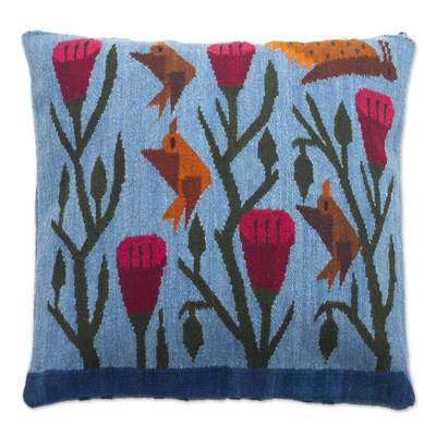 Blue Floral Wool Cushion Cover from Peru