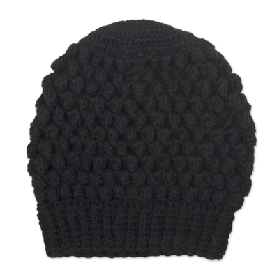 Hand-Crocheted Bubble Pattern Black Alpaca Cozy Winter Hat