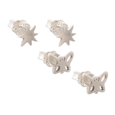 Hand Crafted Stud Earrings with Suns and Butterflies (Pair)