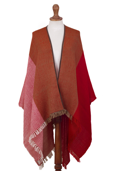 Red and Brown Suede Trimmed Baby Alpaca Ruana from Peru