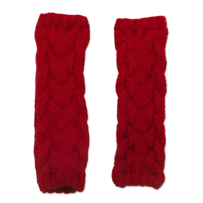 Andean Alpaca Blend Hand Knit Red Fingerless Mittens