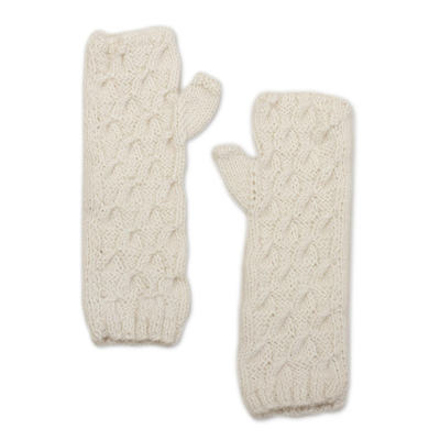 Long Hand Knit Warm White Fingerless Mitts