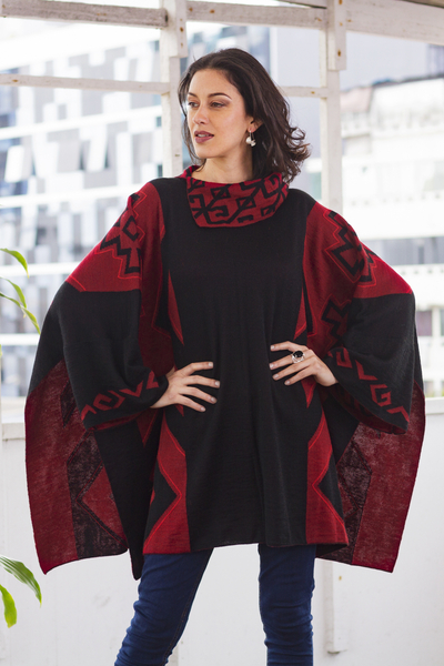 Knit Alpaca Blend Red and Black Poncho