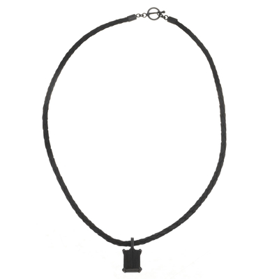 Braided Black Leather Cord Tourmaline Pendant Necklace