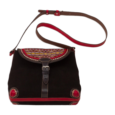 Black and Red Suede and Wool Shoulder Bag